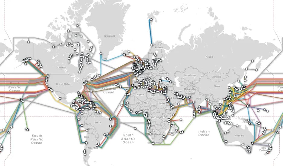 the main cable routes that connect all continents and large islands into a single network